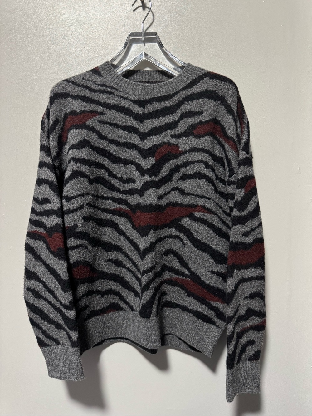 All Saints Grey, Black & Burgundy Zebra-Pattern Crewneck Sweater